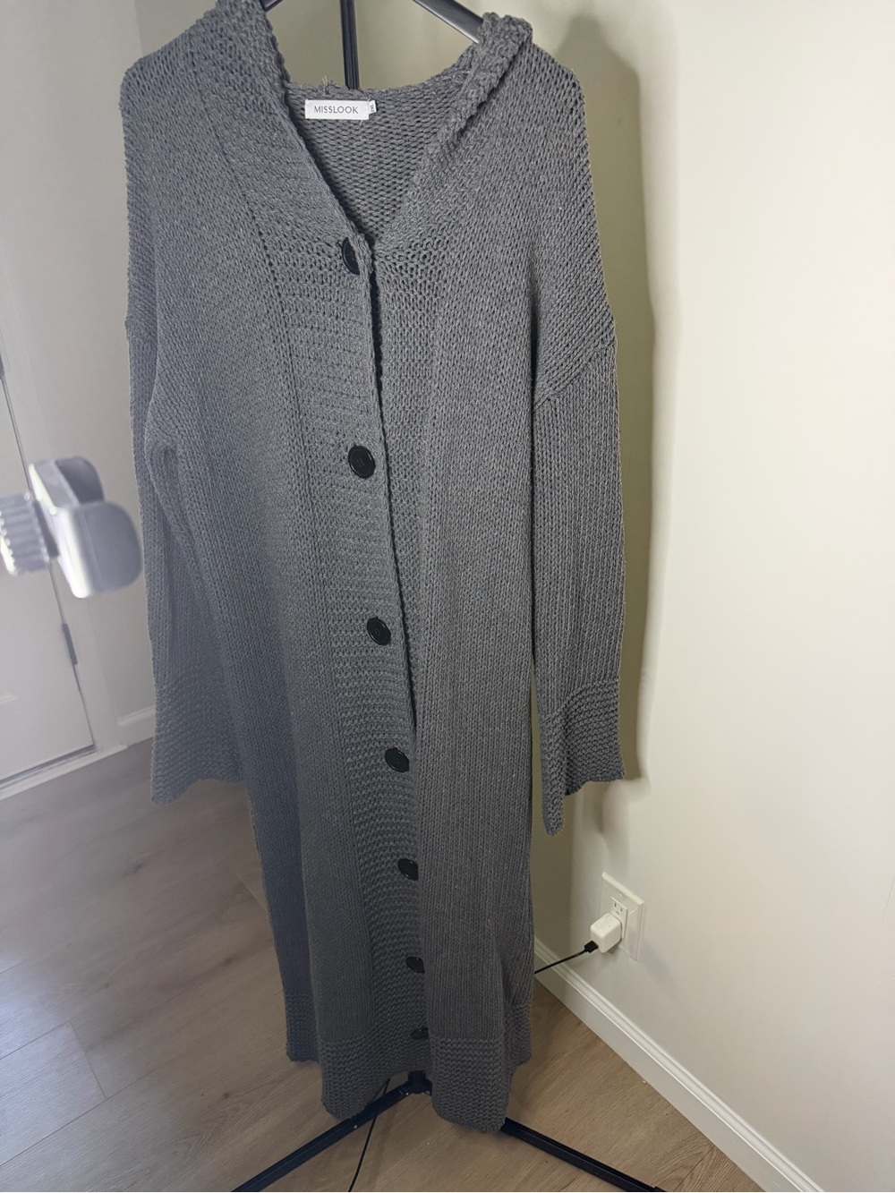 MISSLOOK Charcoal Hooded Long Knit Cardigan with Buttons